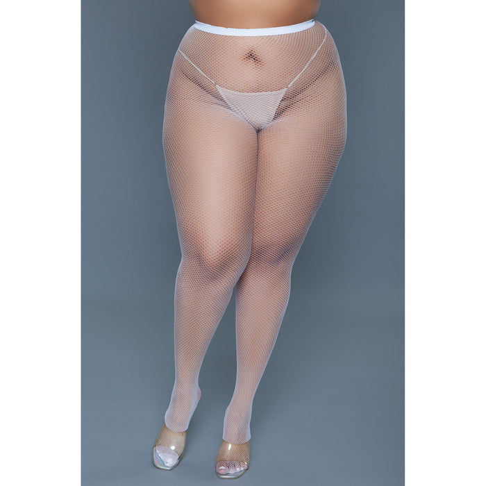A pair of white mini fishnet pantyhose, made from 100% nylon, featuring a high-waisted design.