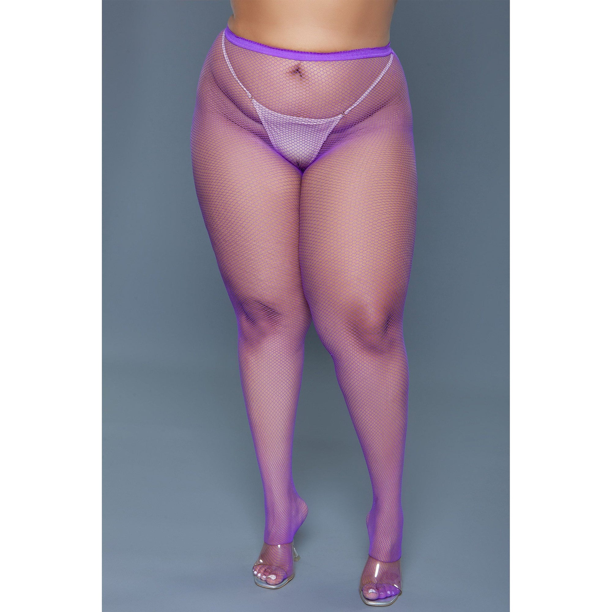 A pair of purple mini fishnet pantyhose, made from 100% nylon, featuring a high-waisted design.