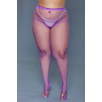 A pair of purple mini fishnet pantyhose, made from 100% nylon, featuring a high-waisted design.
