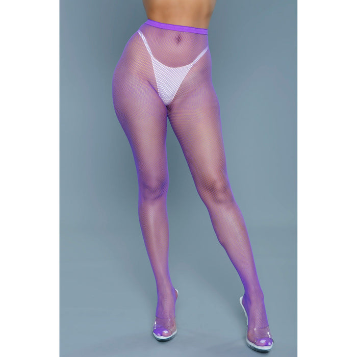 A pair of purple mini fishnet pantyhose, made from 100% nylon, featuring a high-waisted design.
