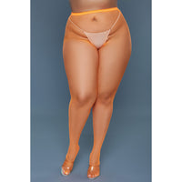 A pair of orange mini fishnet pantyhose, made from 100% nylon, featuring a high-waisted design.