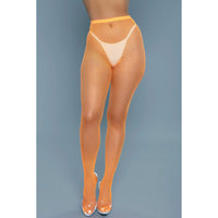 A pair of orange mini fishnet pantyhose, made from 100% nylon, featuring a high-waisted design.