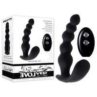 black bead ribbed vibrating anal plug with bottom base curve with remote control beside box packaging