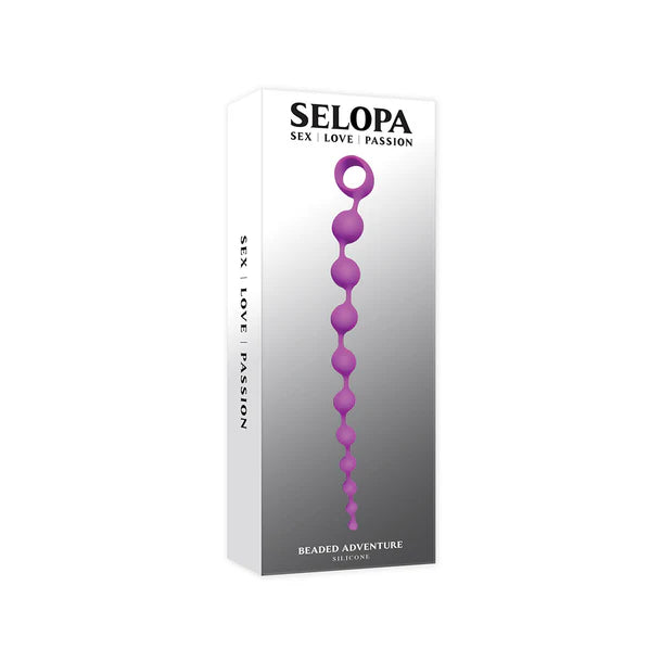 Selopa product packaging with purple anal beads on a white background