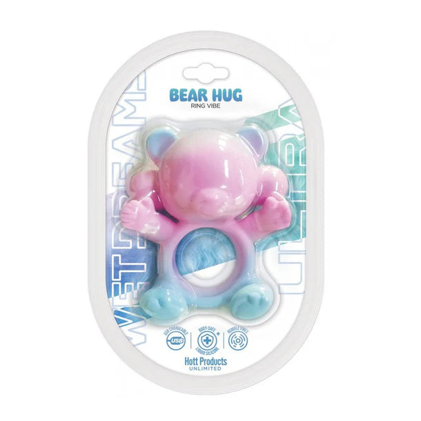 Pink and blue bear-shaped ring vibe in packaging with 'Wet' branding on a white background