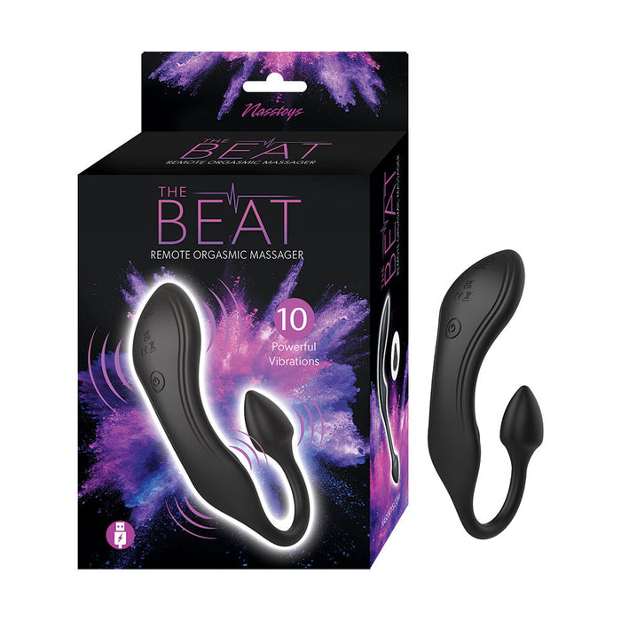 Black remote orgasmic massager with packaging on a white background