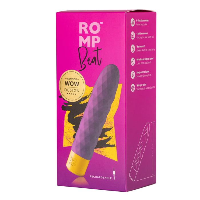 purple ridged vibrator with gold end cap on box