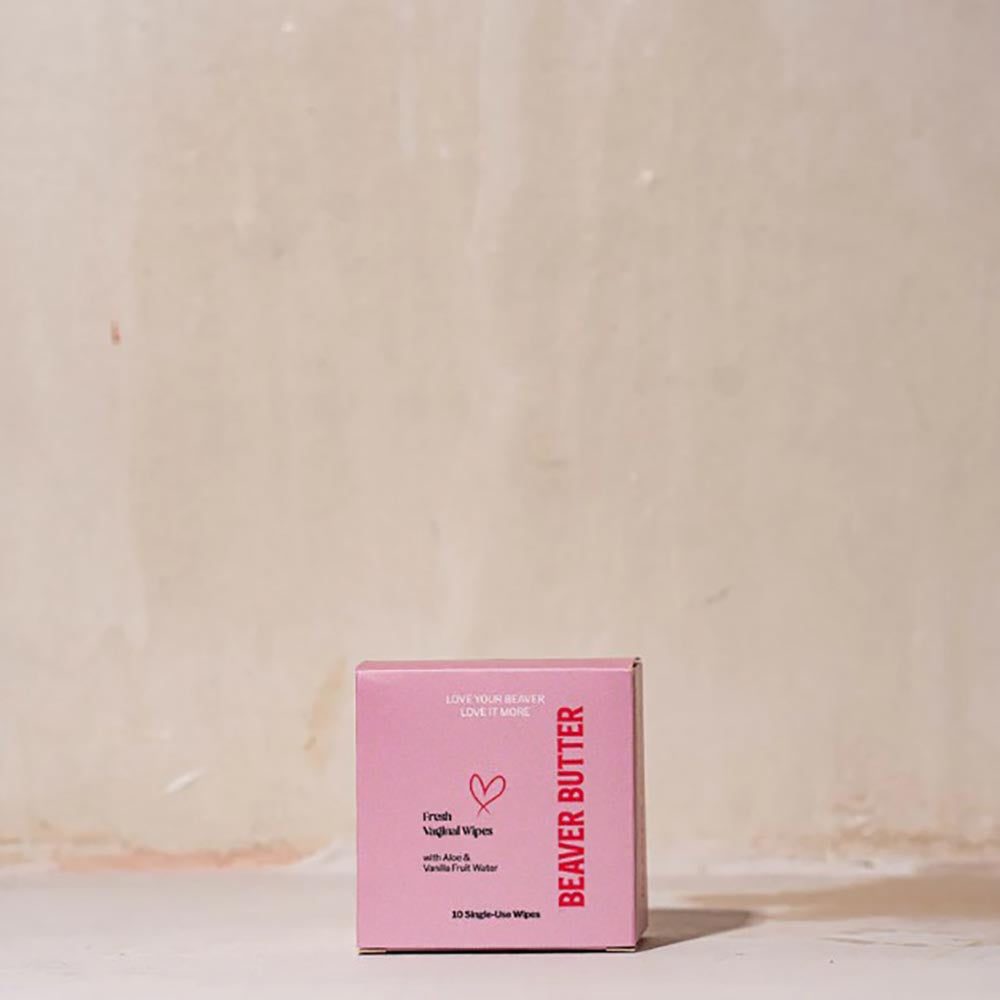 Pink box of Beaver Butter fresh vaginal wipes on a light background