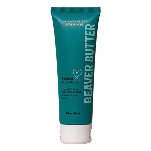 Teal tube of Beaver Butter polishing cream scrub on a white background 3oz