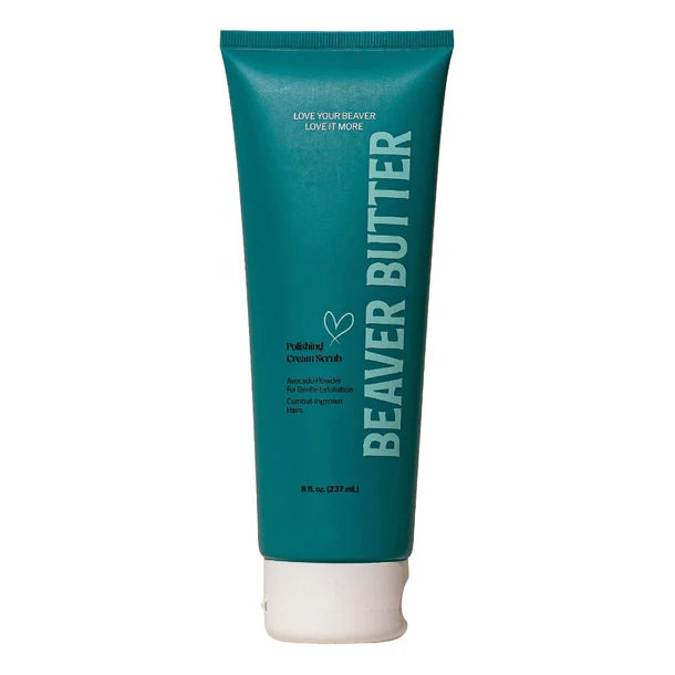 Teal tube of Beaver Butter polishing cream scrub on a white background