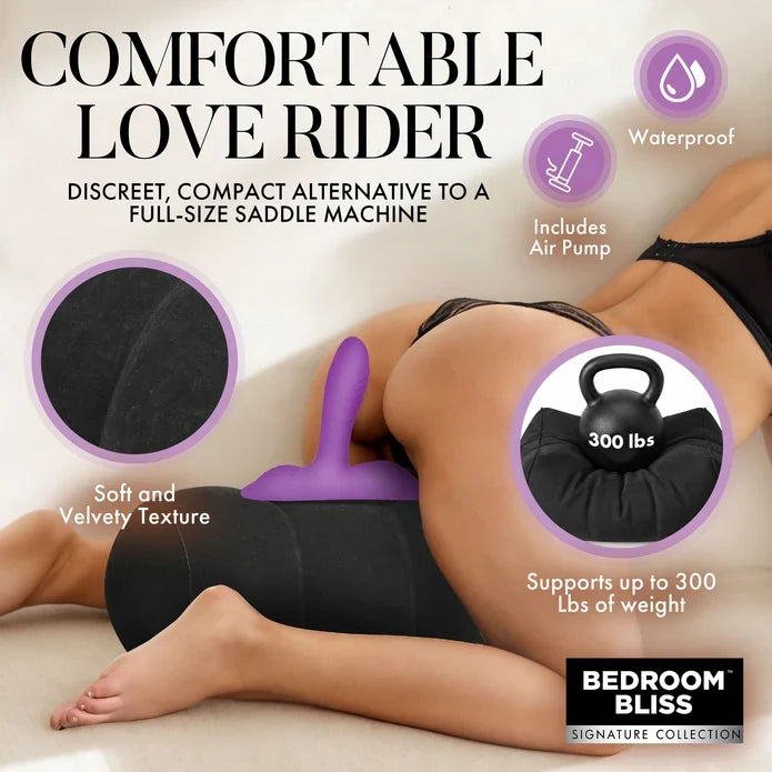 Advertisement for a 'Comfortable Love Rider' product by Bedroom Bliss, featuring text and images of a person using the product.