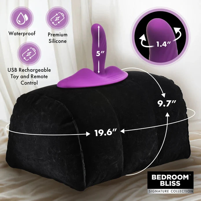 Black and purple toy with measurements and features on a white background, branded 'Bedroom Bliss'.