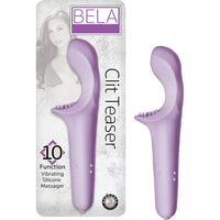 Purple 'Bela Clit Teaser' vibrator on packaging with branding and product details.