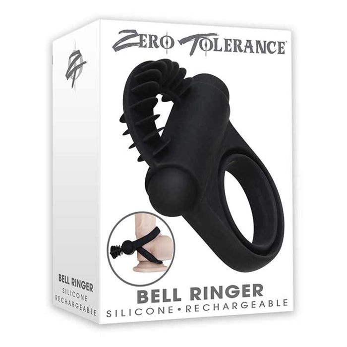black silicone vibrating cock ring with clitoral stimulator next to zero tolerance box