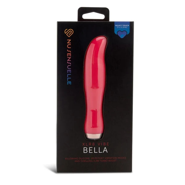 Pink bella g spot vibrator with packaging featuring 'NujeSuelle' branding on a white background