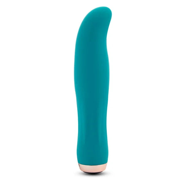 Teal and rose gold bella velvet touch g spot vibrator on a white background