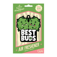 Packaged cardboard air freshener with a pine green design and 'Best Buds' text, displayed on a retail card.
