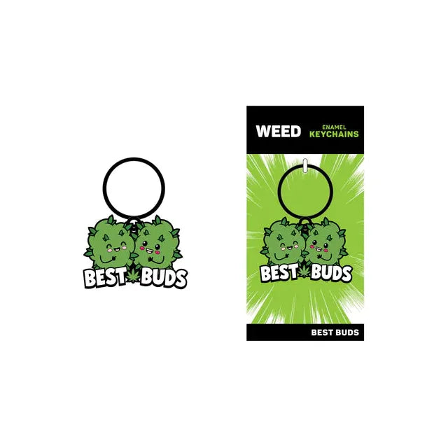 The image displays the "Best Buds Keychain" designed by Wood Rocket, featuring an enamel keychain with a green and black color scheme and playful text. The keychain is shown both on its own and in packaging, emphasizing its design and theme.