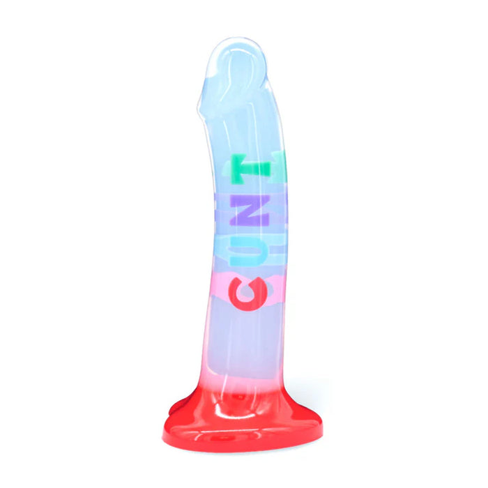 Colorful cunt dildo with text on a white background