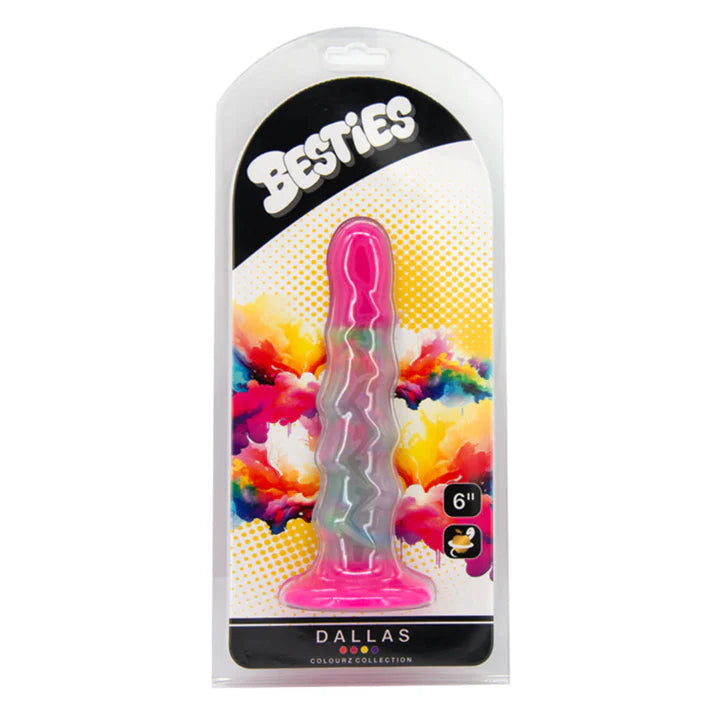 pink and clear dildo in product packaging on white back ground