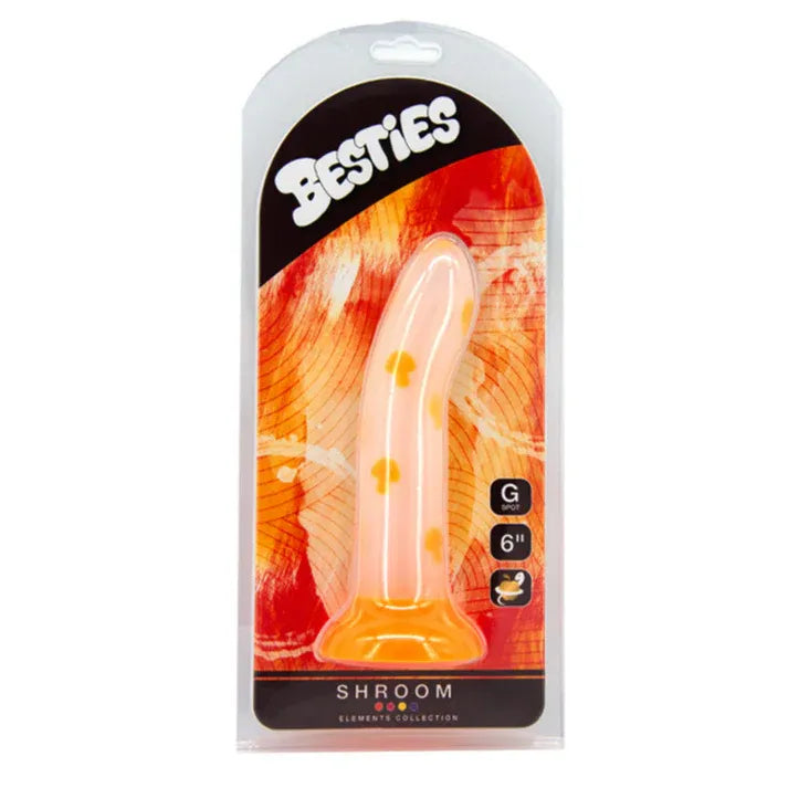 besties elements collection shrooms dildo clear and orange with mushrooms in plastic packaging