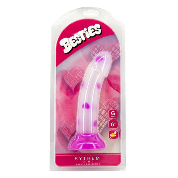 besties dildo clear with purple hearts in plastic packaging