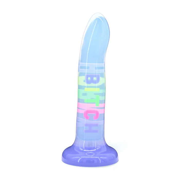 Horny bitch dildo with colorful text on a white background