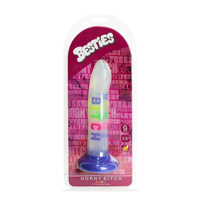Besties horny bitch dildo in packaging with visible brand name on a white background