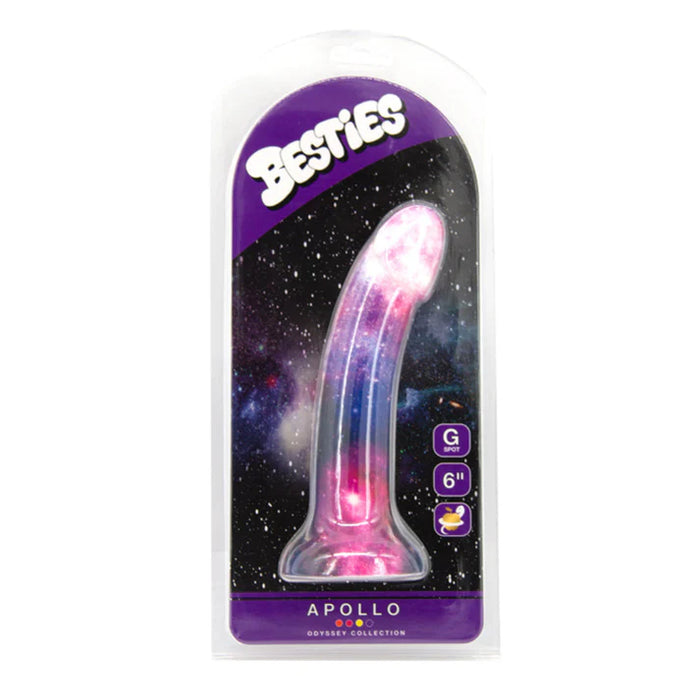 Pink and purple dildo with 'Besties' branding on a white background