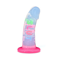 Colorful silicone dildo with the word slut with a pink base on a white background