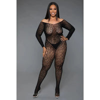 full figure model wearing black animal print bodystocking