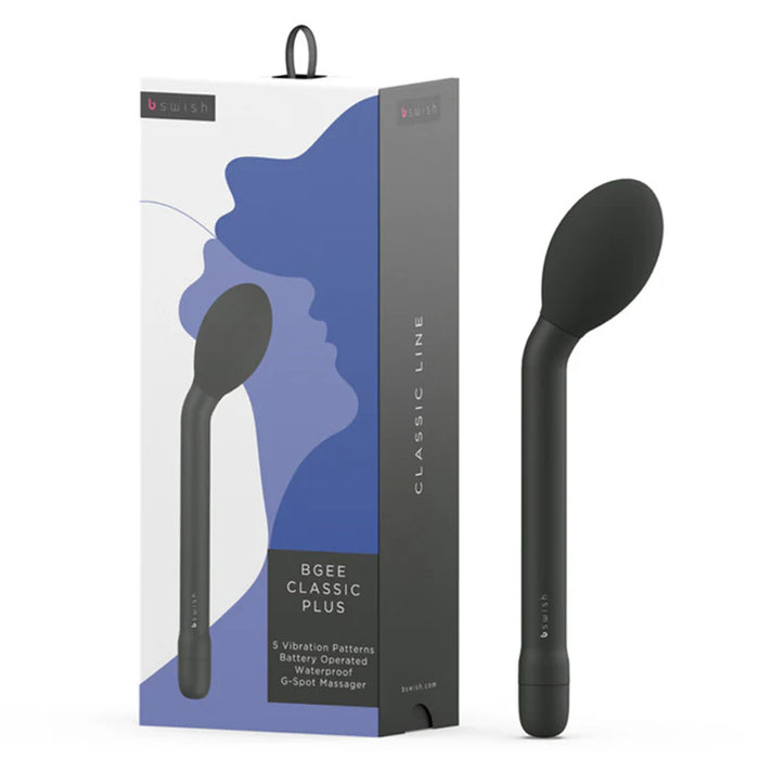 Black G-Spot vibrator with packaging on a white background