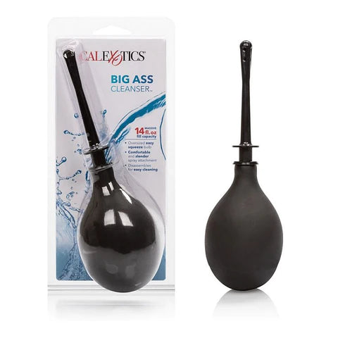 a large black bulb douche with a long black spout. It is shown next to its plastic packaging