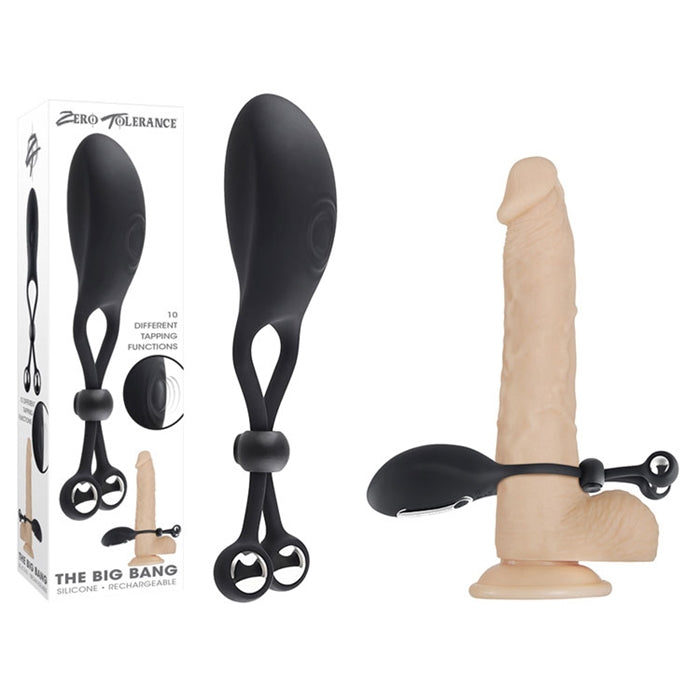black silicone cock ring with vibrating and  tapping clitoral stimulator with ball bangers next to zero tolerance box