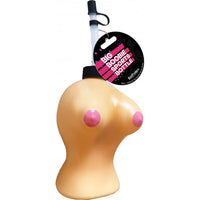 novelty bottle shaped like a breast with a tag on a white background