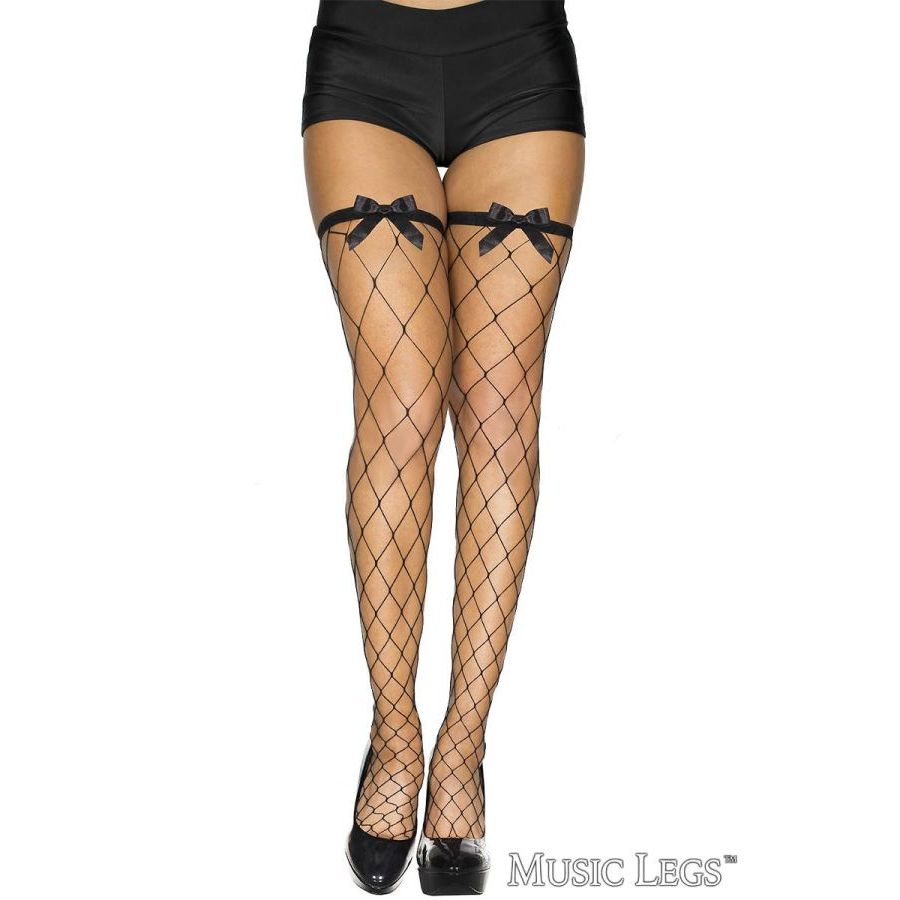 Black fishnet stockings with bow accents worn by a person on a white background, featuring the brand 'Music Legs'.