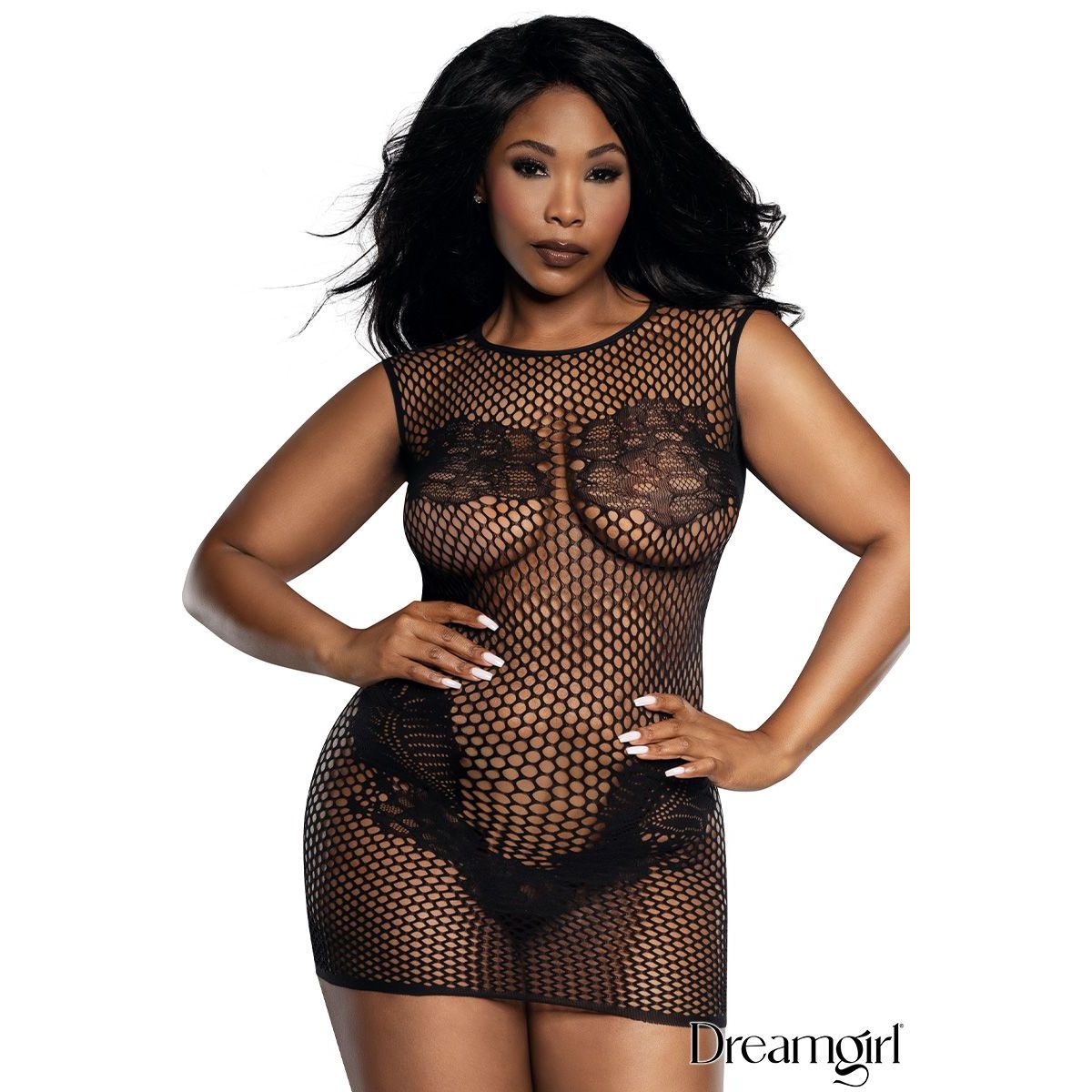 Woman wearing a black fishnet bodysuit with lace details on a white background, featuring the brand 'Dreamgirl'.
