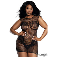 Woman wearing a black fishnet bodysuit with lace details on a white background, featuring the brand 'Dreamgirl'.