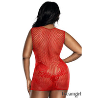 Red fishnet dress with lace details on a white background, featuring the brand 'Dreamgirl'.