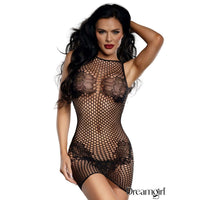 Woman wearing a black fishnet lingerie set with 'Dreamgirl' branding.