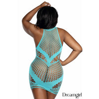 Model wearing a turquoise fishnet dress with 'Dreamgirl' branding.