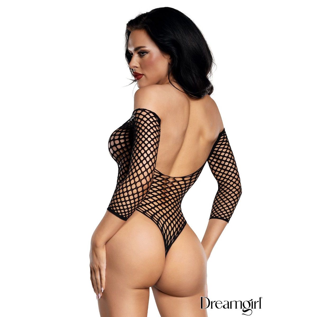 Woman wearing a black fishnet bodysuit on a white background with 'Dreamgirl' branding.