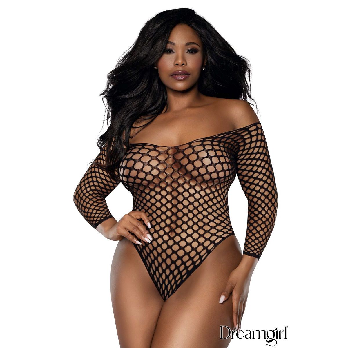 Woman wearing a black fishnet bodysuit on a white background with 'Dreamgirl' branding.