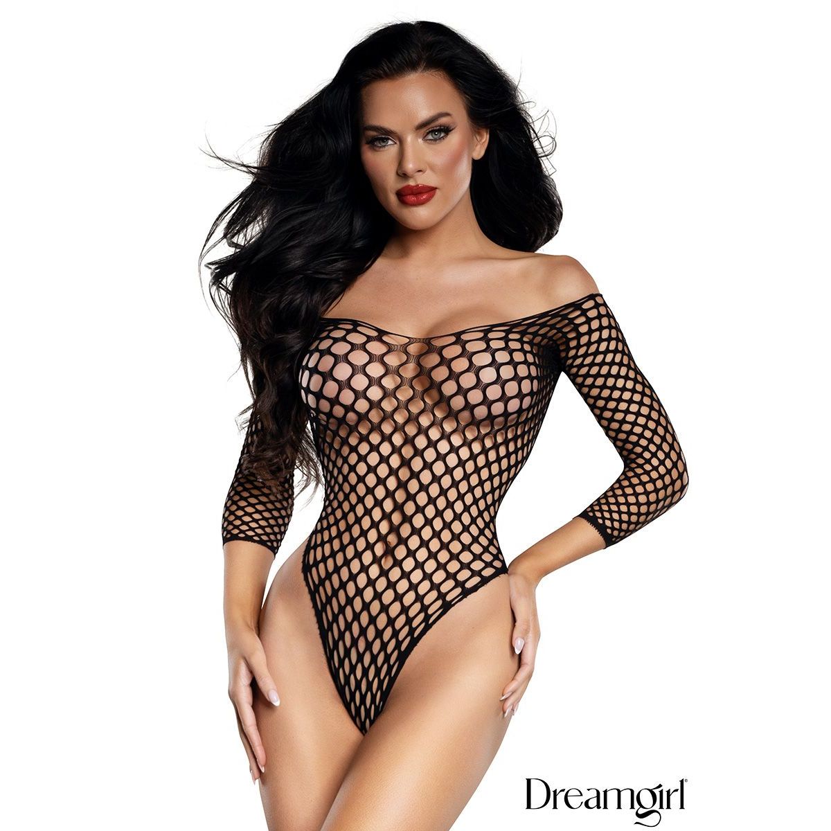 Model wearing a black fishnet bodysuit with 'Dreamgirl' branding.