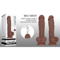 two rotated views of a brown detailed penis shaped dildo with balls and a suction cup. Shown next to a white display box and a close up picture of its tip shooting out liquid 