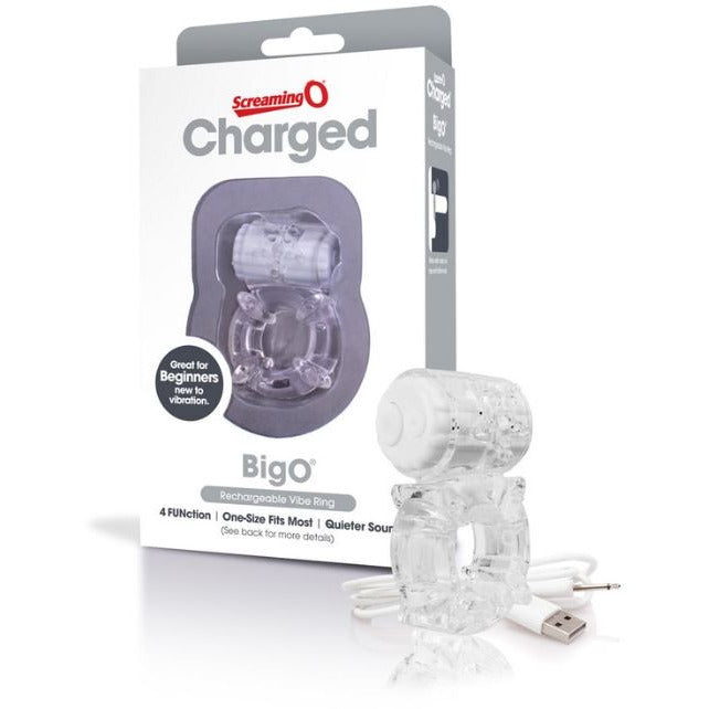 clear jelly vibrating cock ring with pin charging cord next to screaming o box