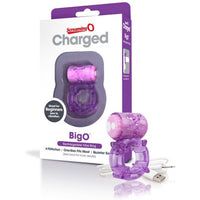 purple jelly vibrating cock ring with pin charging cord next to screaming o box