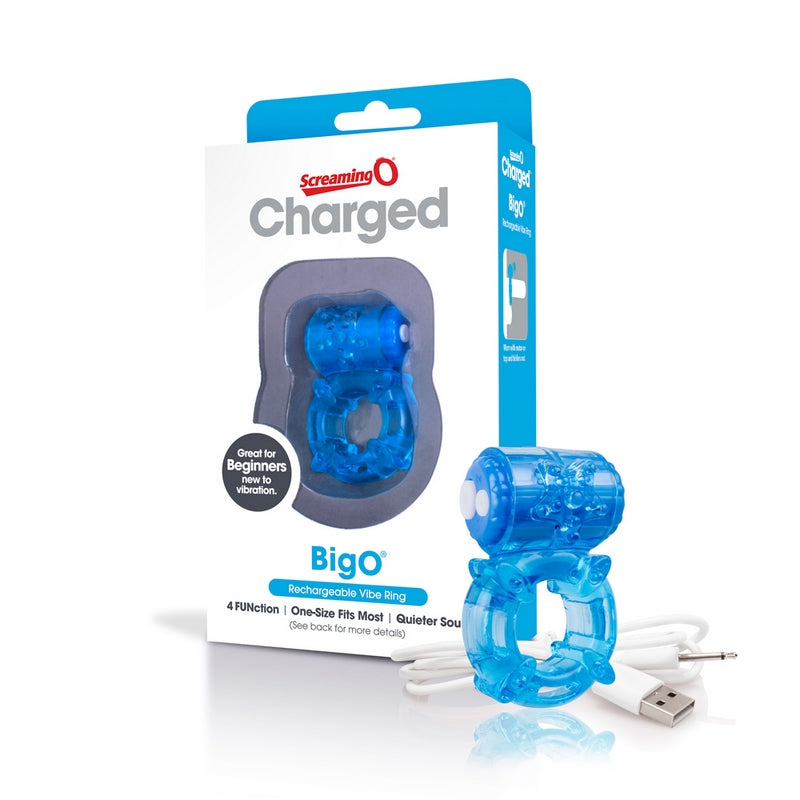 blue jelly vibrating cock ring with pin charging cord next to screaming o box