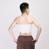 female wearing Strapless chest compression binder, back review