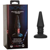 The product image shows a black anal plug with a beaded design. The packaging highlights features such as 7 vibration functions, 3 speeds of rolling beads, premium silicone construction, and rechargeable functionality.